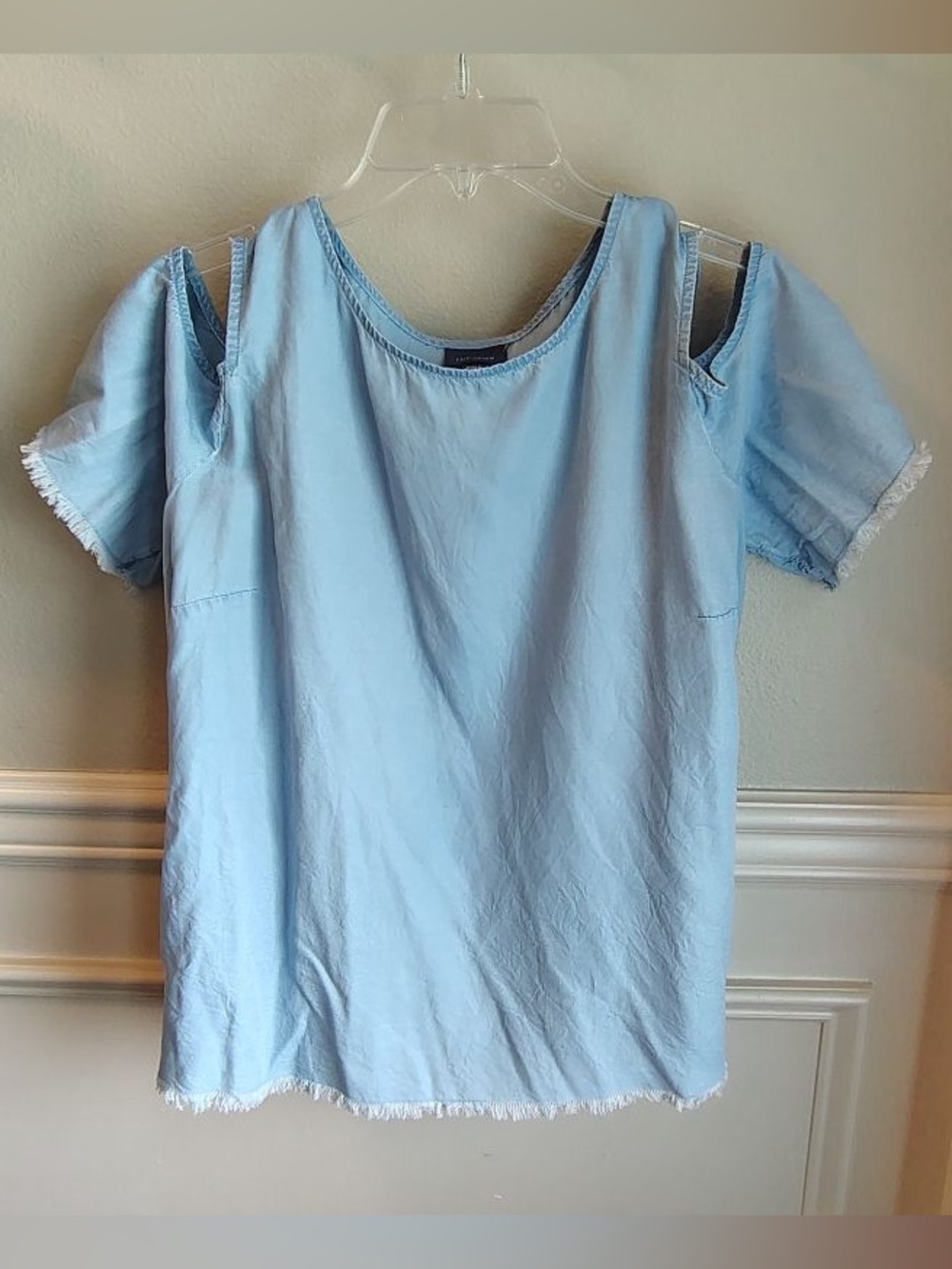 J Jill Denim Blouse Women M Fringe Cold Shoulder Top Short Sleeve Casual